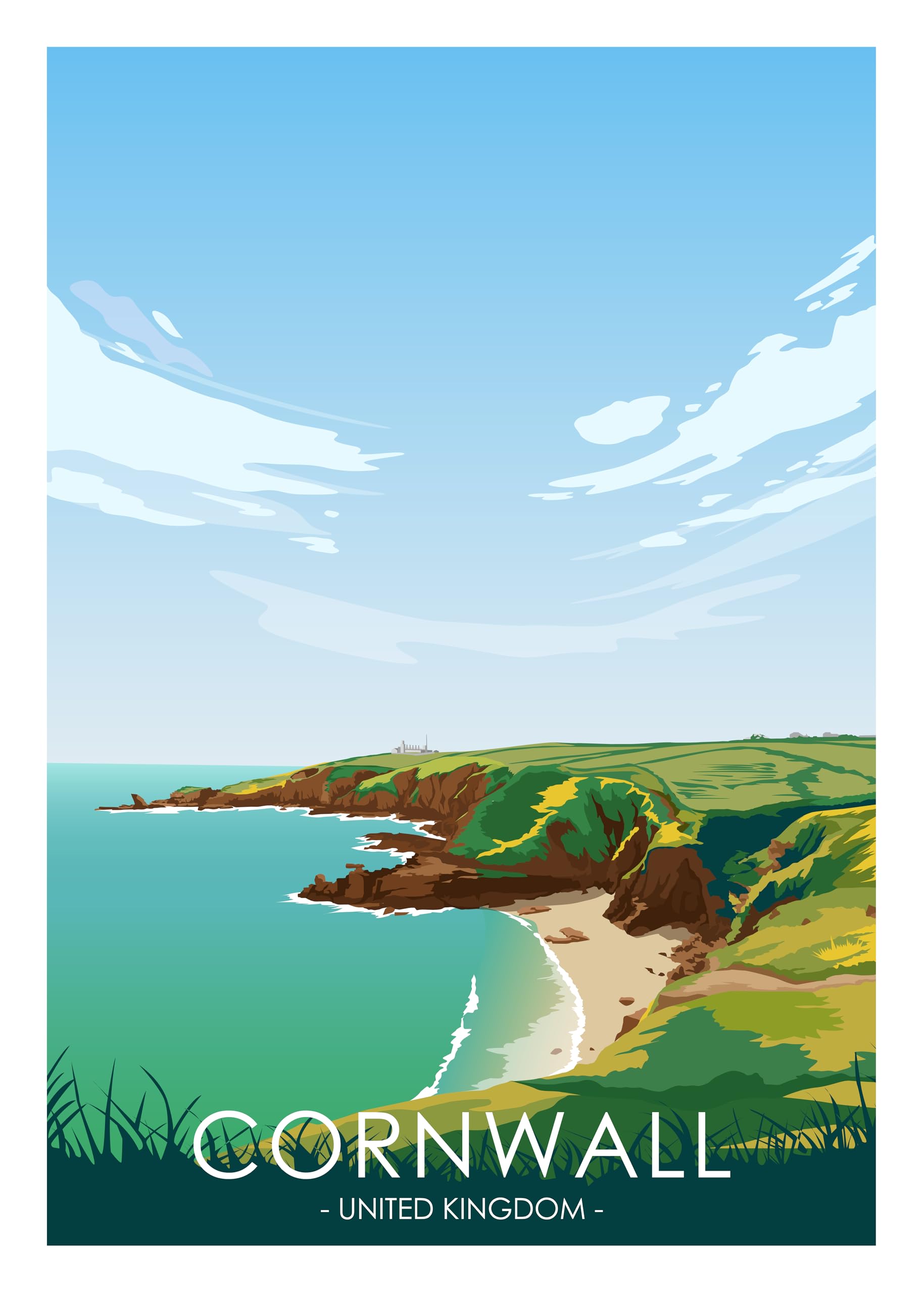 Hewson's Gifts Travel Print of UK Cities and Shires - Handmade Artwork Wall Art Poster for New Home Kitchen - Beautiful Places of United Kingdom (Cornwall, A3 Unframed Print)