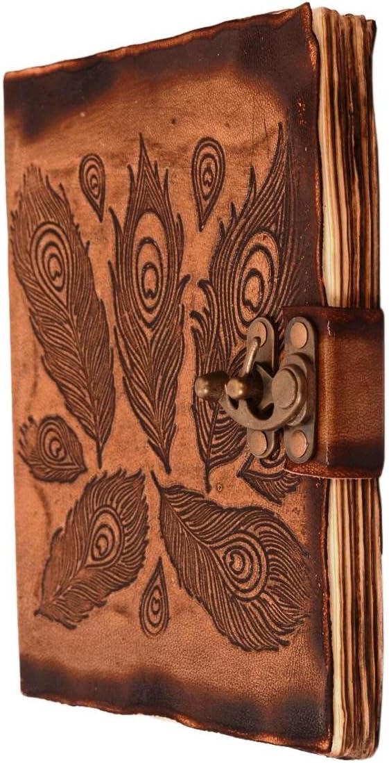Purpledip Leather Journal (Diary Notebook) 'Peacock Feathers': Handmade Fire Burnt Paper In Deckle Edge Leather Cover With Unique Brass Lock For Corporate Gift Or Personal Memoir (11121)