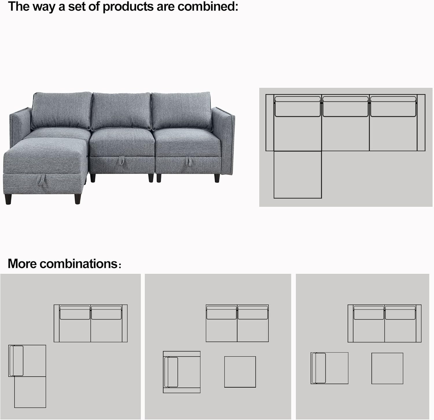Diagram showing a sofa configuration with one ottoman and two middle modules