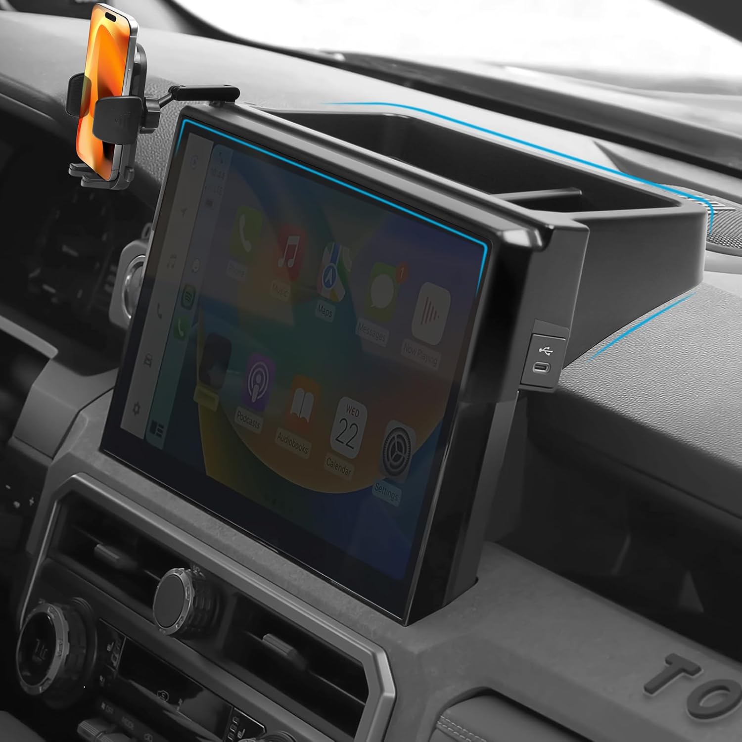 YOJOJOCO Car Phone Holder & Dashboard Tray Organizer Compatible with Toyota 2024-2026 Tacoma & 2025 2026 4Runner Accessories (Not fit 14" Screen) 360° Rotation 8-inch Screen Fixed Clip