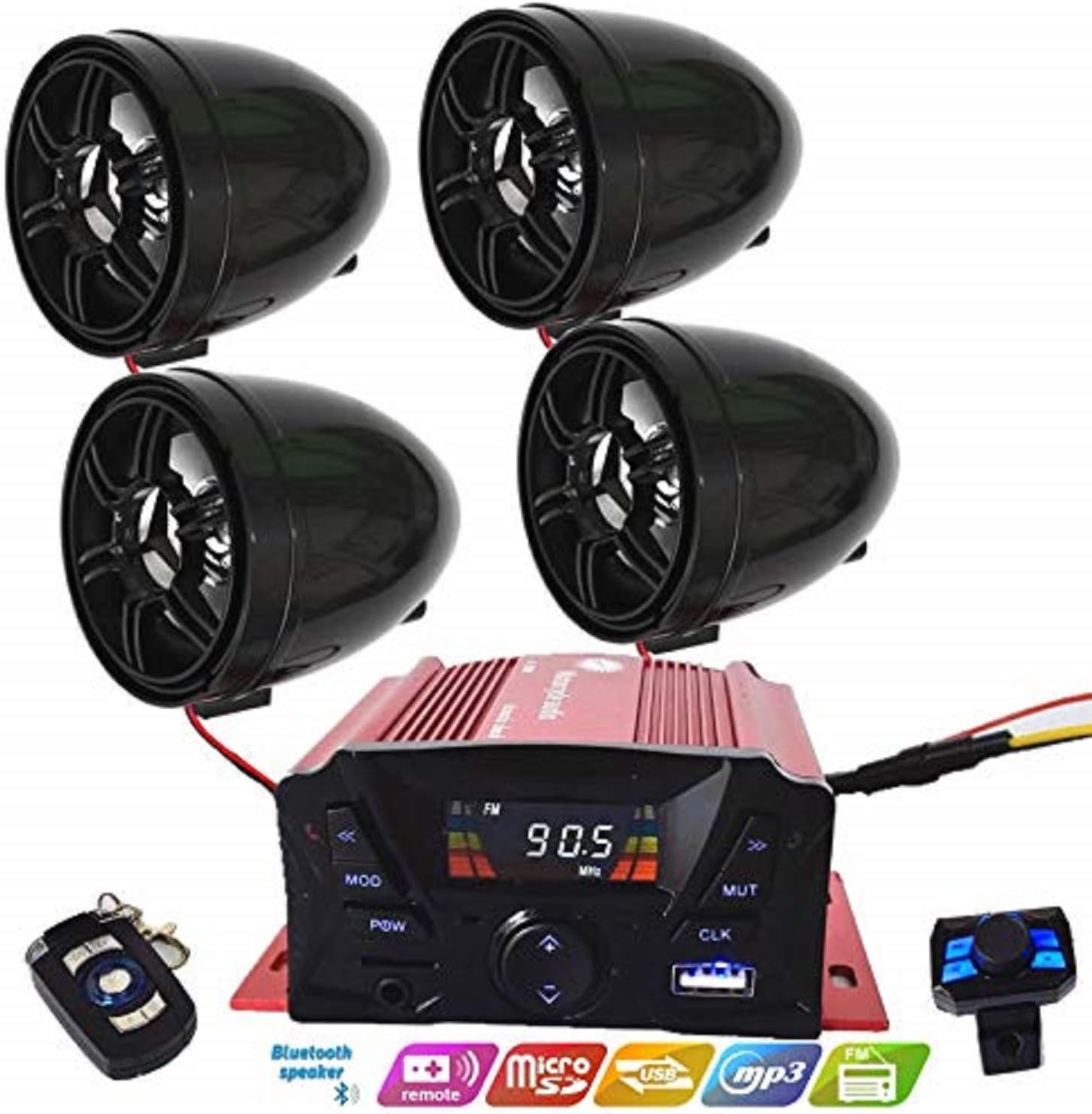 12V 4 Channel ATV,UTV Anti-Theft Bluetooth Amplifier Sound System Hand-Free Speakers FM USB Audio System Stereo Remote Control Anti-Theft Police Guard-Alarm 4X 3.5 Inch Speakers