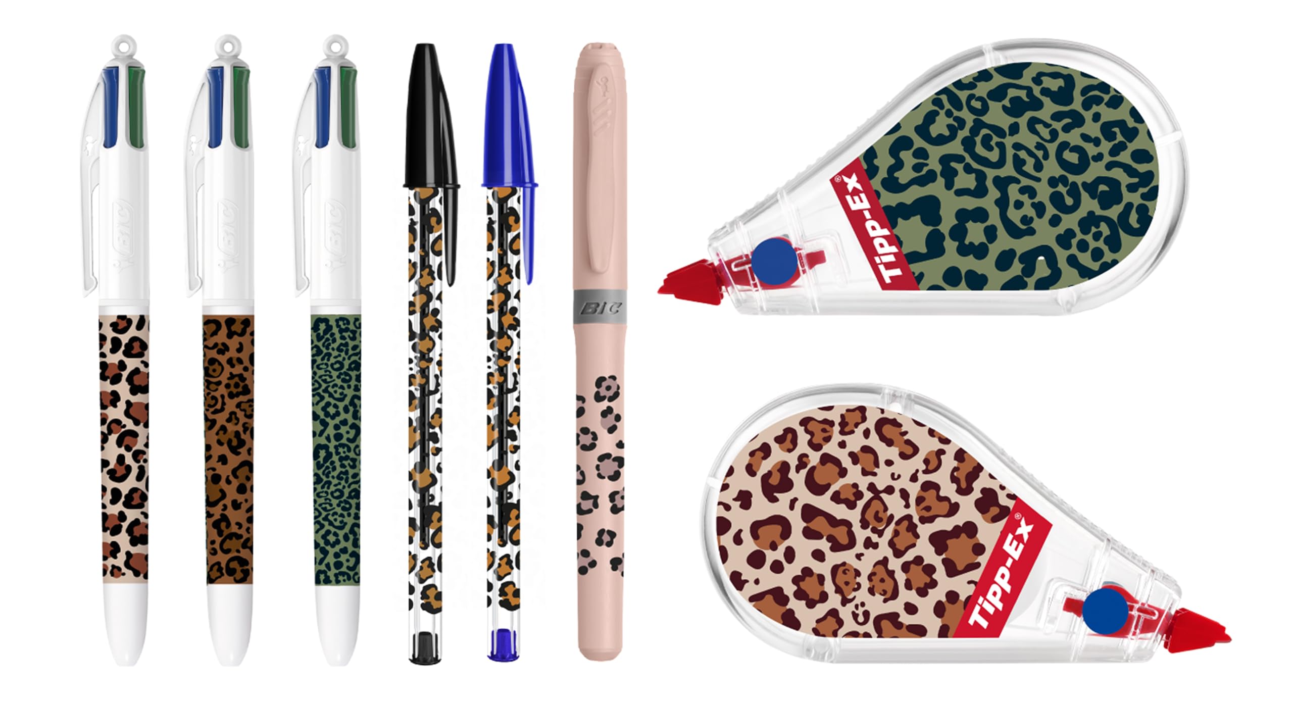 BIC & Tipp-Ex Leoparden-Kollektion Schreibset – Kugelschreiber mit mittlerer Schreibstärke, Textmarker mit Keilspitze, Korrekturroller (6 m x 5 mm) – Sortierte Leopardenmotive, Box à 8