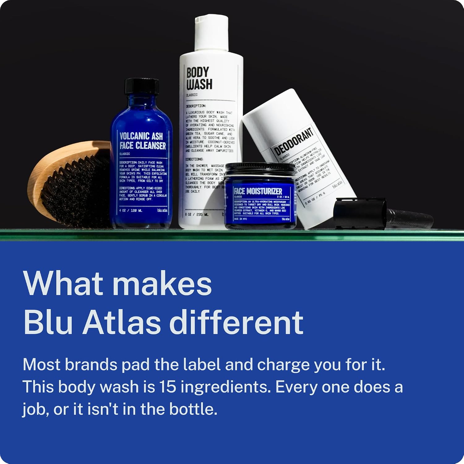 Blu Atlas Essentials Set – Moisturizer, Body Wash, Shampoo, Conditioner