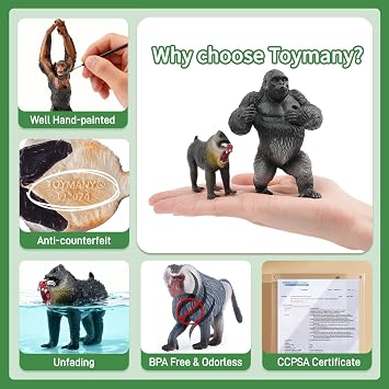 Toymany 6PCS Primates Figurines, Plastic Jungle Monkey Animals Set Included Monkey Ape Chimpanzee Gorilla Toys for Kid Todllers