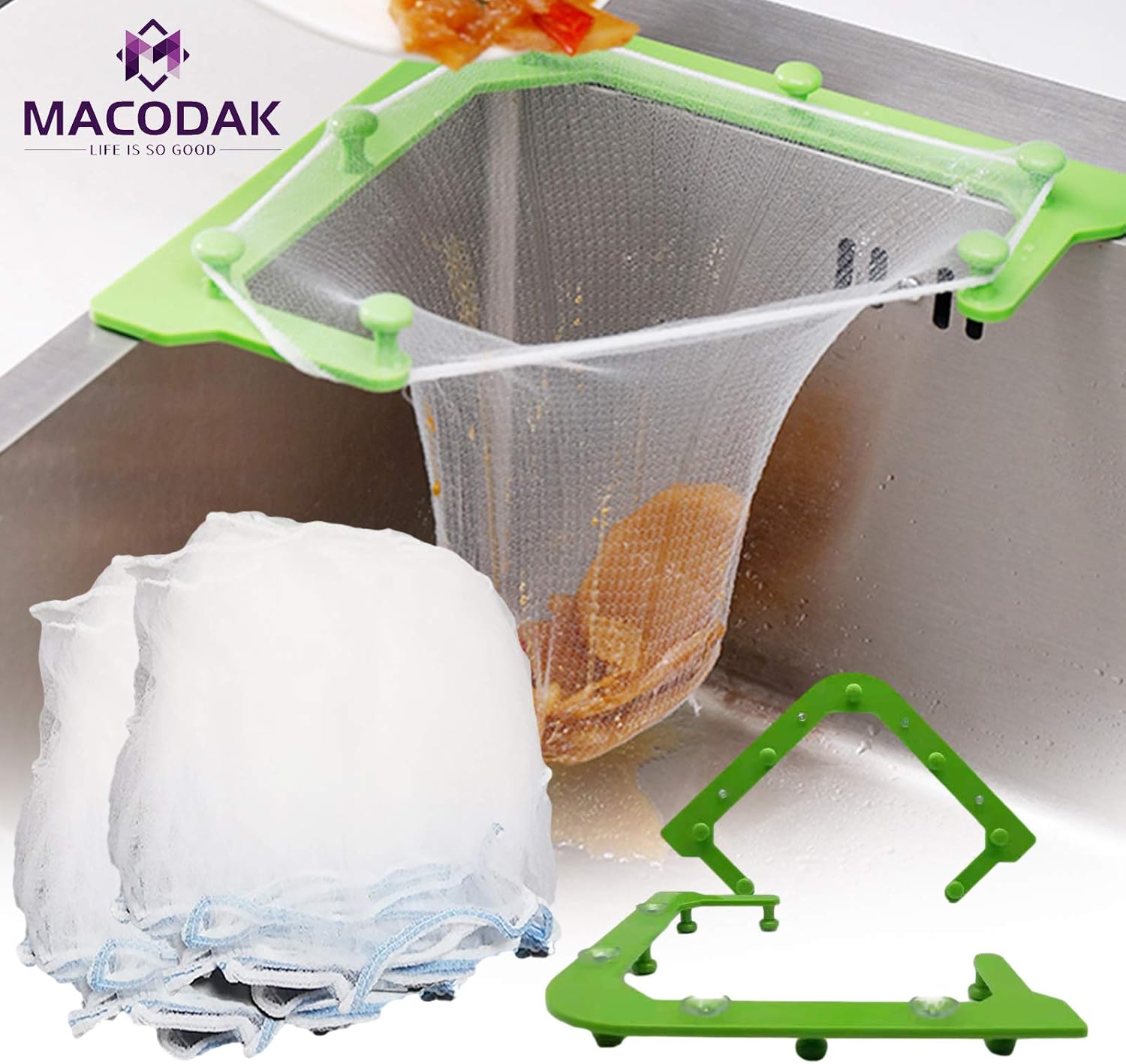 MACODAK Sink Strainer Basket, No Washing Corner Sink Strainer Basker, Sink Drain Strainer Bag, Perfect for Most Sink Drains, Anti-Clogging Micro Perforation Holes (Green net 100pcs)