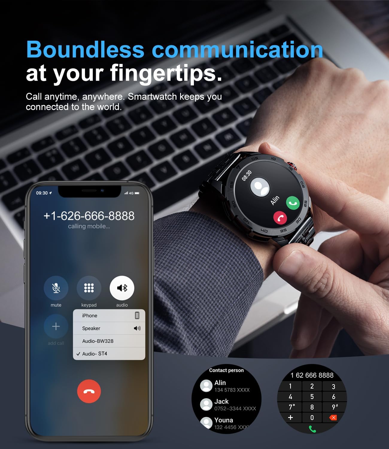 Person using the LIGE Smart Watch to make a call, with a smartphone displaying the call interface.