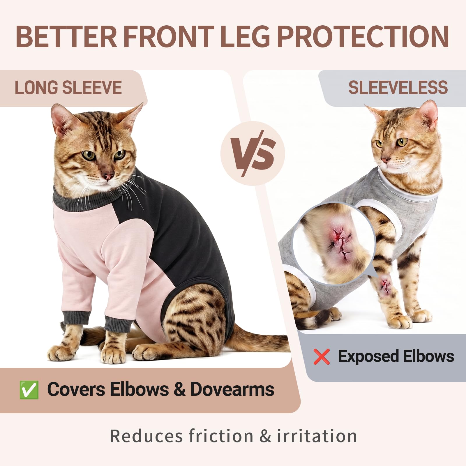 Combinaison Chat après Chirurgie Coton, Body Chat Anti Léchage Doux et Élastique, Vêtement de Protection Plaies Abdominales avec Manches Longues, Fermeture Scratch Facile à Enfiler, Rose poudré XL