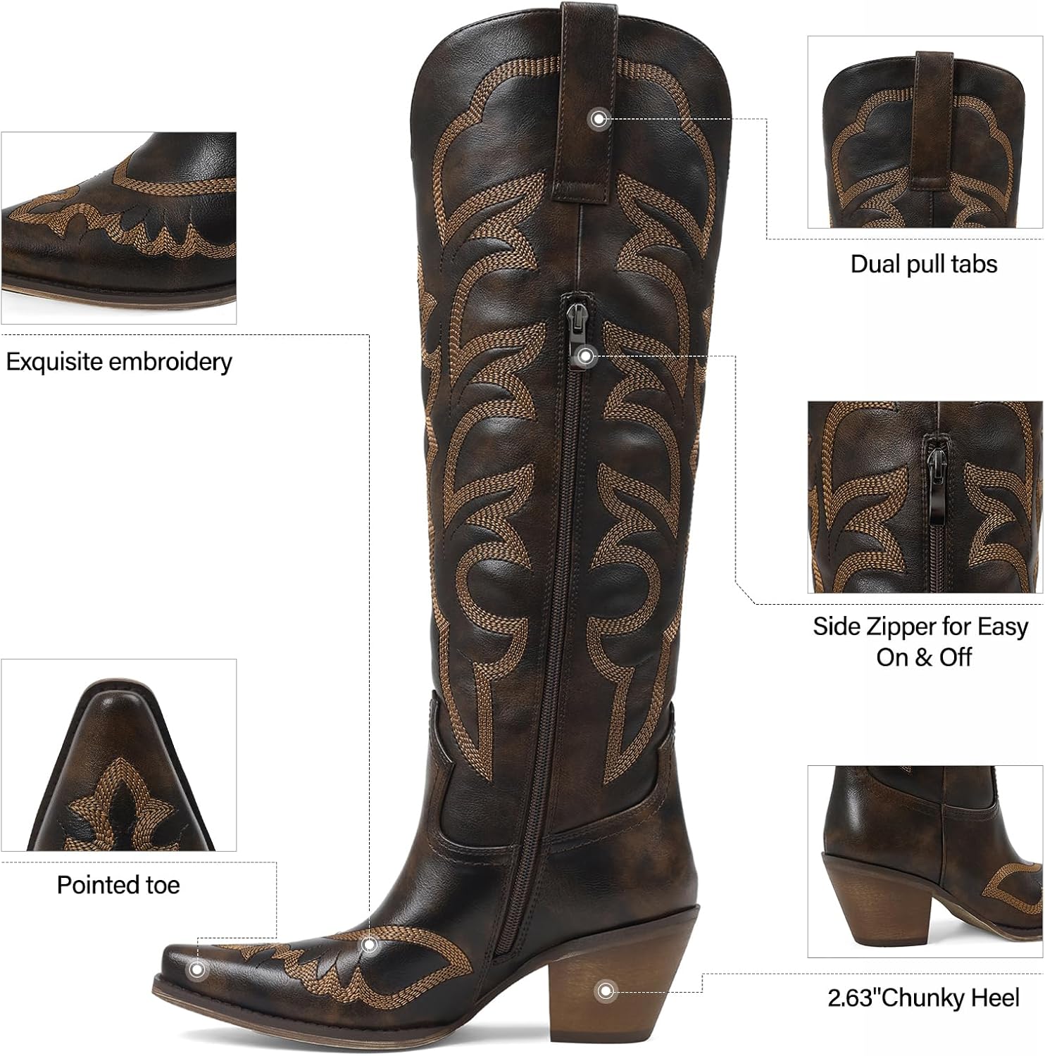 Cowboy Boots for Women Knee High Western Cowgirl Boots Wide Calf Pointed Toe Embroidered Block Heel Pull On Tall Boots with Zipper for Concert Rodeo Festival Daily