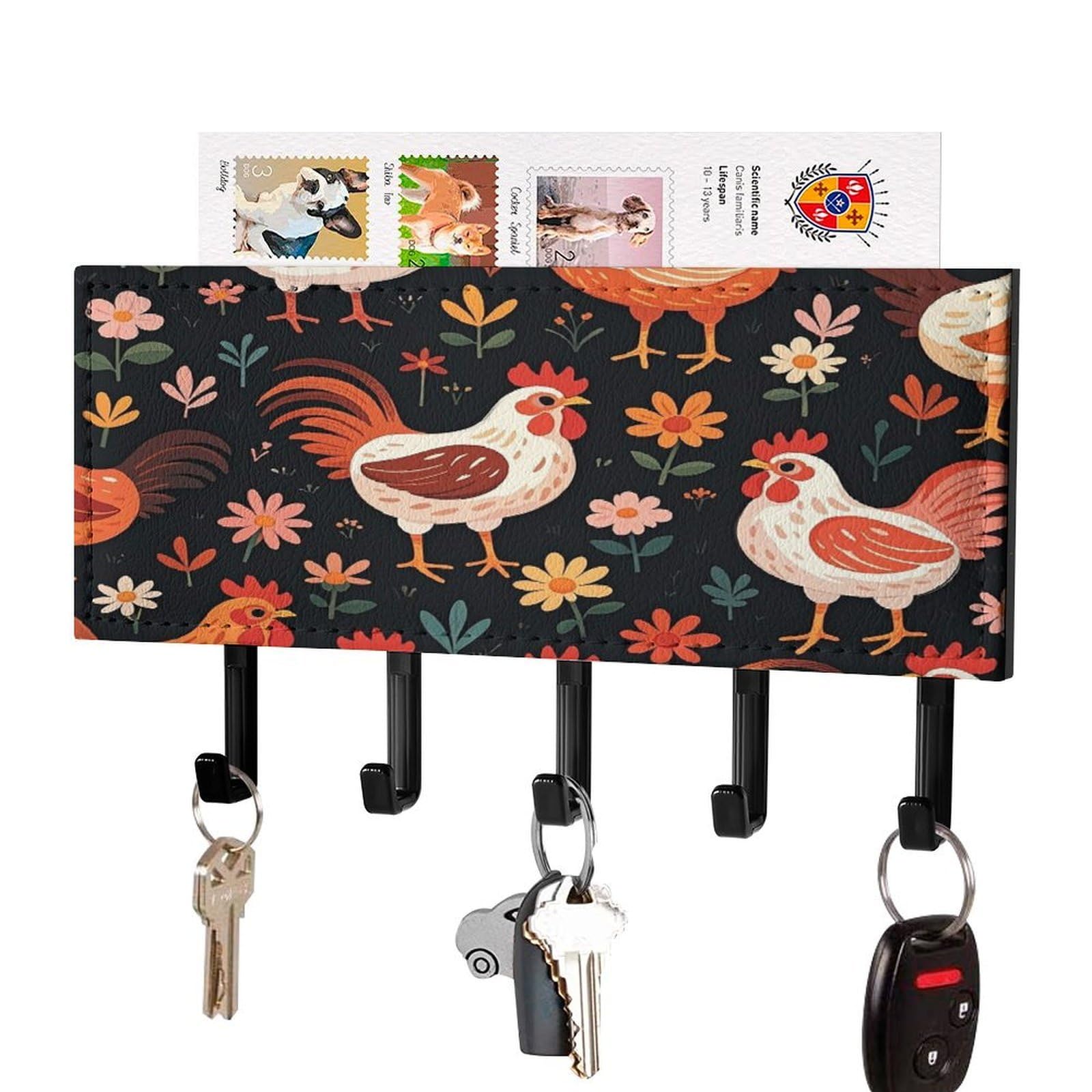 Fekiloot Black-Style Cute Rooster Chickens Key Holder Wall Mount Key Hanger With 5 Hooks Decorative Key Rack Hanging Key Hooks With Mail Organizer Key Holder For Wall Living Room Kitchen Bathroom Hallway Black