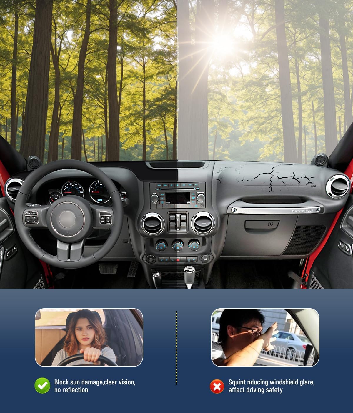 BIBLOZ Dash Cover 2011 2012 2013 2014 2015 2016 2017 for Jeep Wrangler JK JKU Unlimited Sport Sahara Rubincon Accessories Black Flannel Dashboard Cover Mat Car Dashboard UV Sun Protection