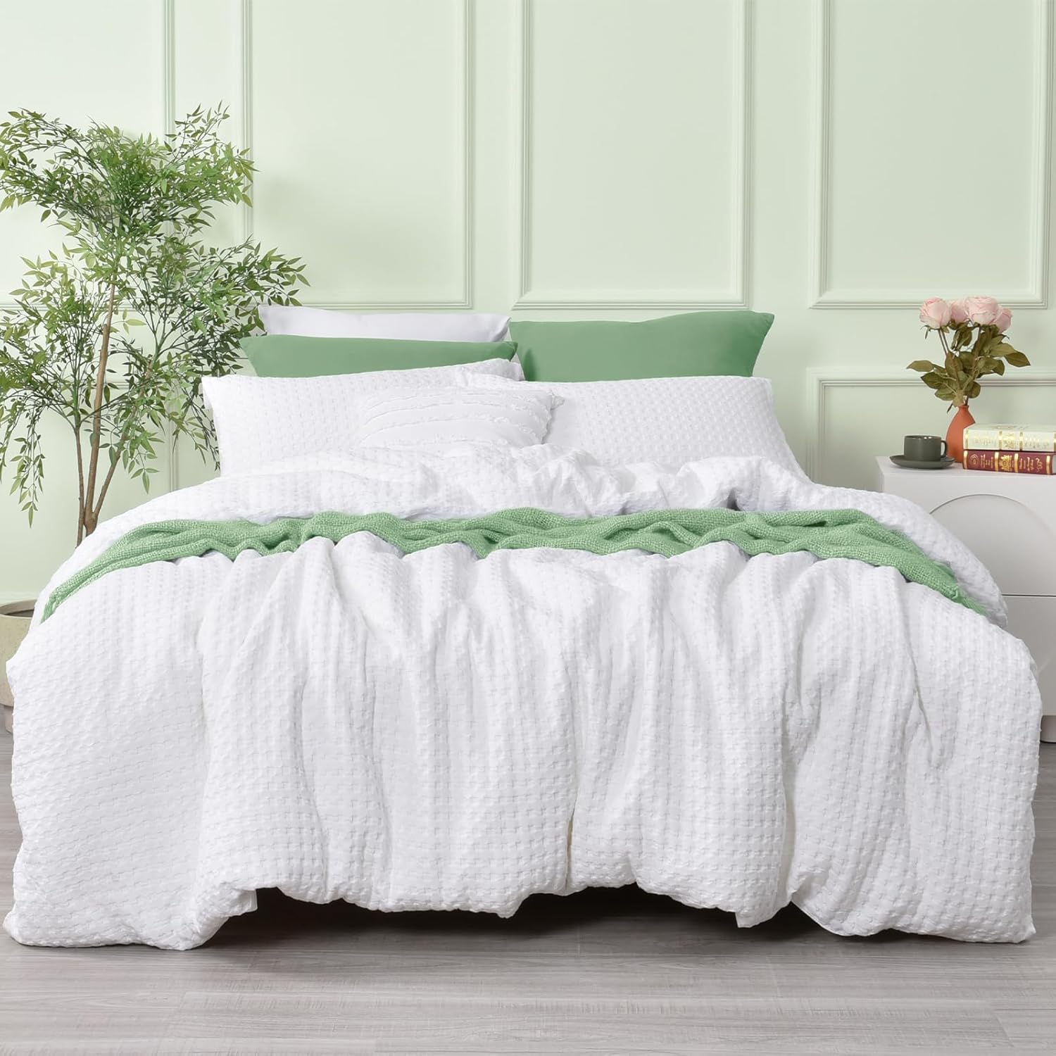 David's Home 100% Cotton Duvet Cover Set King Size, Waffle Weave Duvet Cover with Pillow Shams, 3pcs Ultra Soft and Breathable Bedding, 104x90 Inches, White
