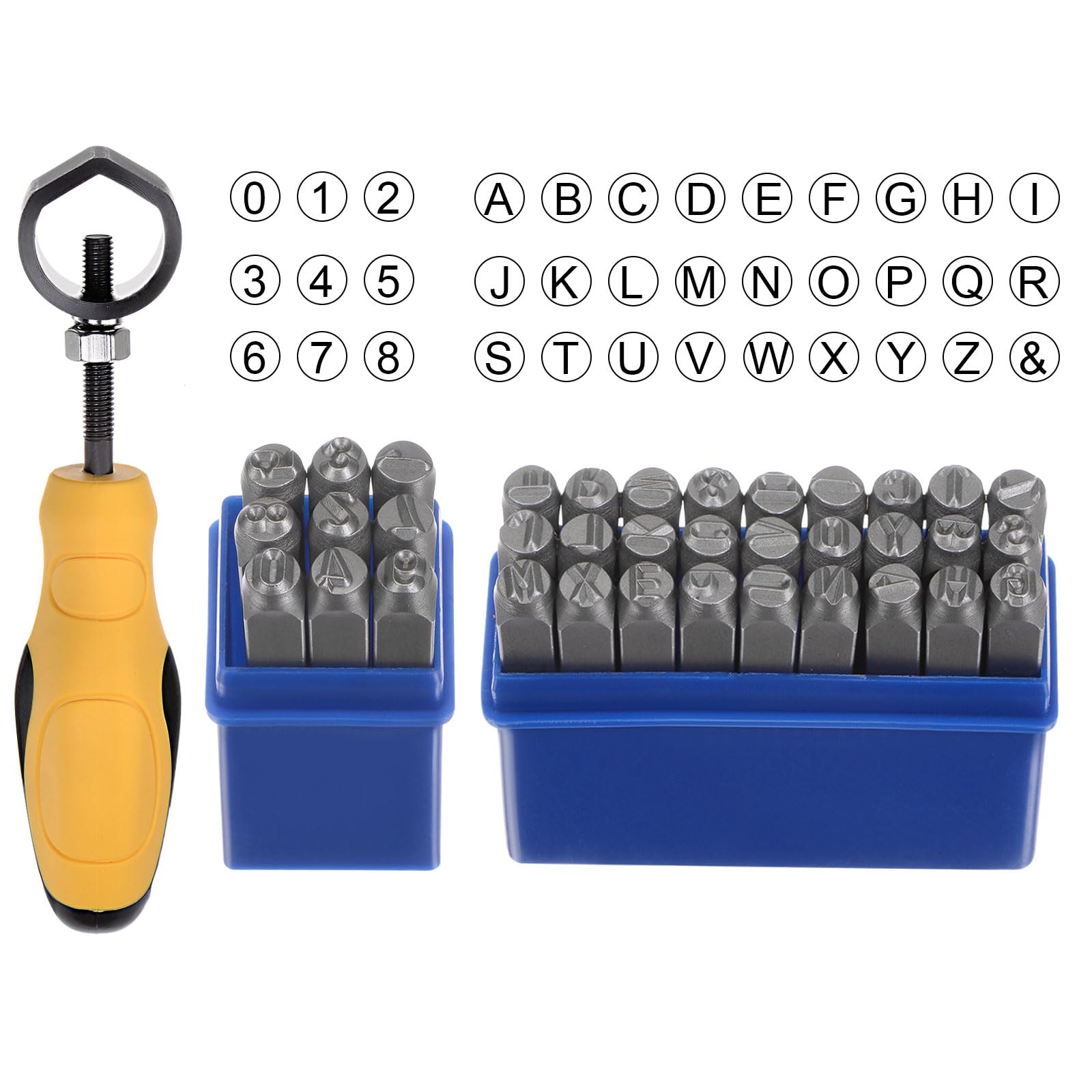 QUARKZMAN 36pz Metallo Stampaggio Kit 1/4" (6mm) (AZ, 0-8,"&" Simbolo) Acciaio Lettera Pugno Premere Utensile con Supporto per Stampa su Metallo, Plastica, Legno, Pelle, Argento
