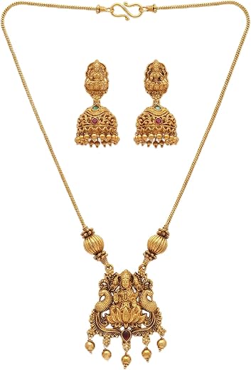 DIKSHA COLLECTION Traditional Gold Plated Temple Jewelry Pendant Necklace Set - Ethnic Goddess Lakshmi &amp; Peacock Motif Pen...