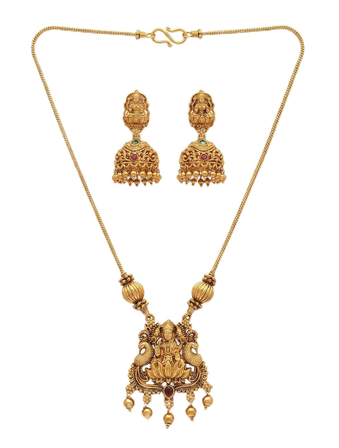 Traditional Gold Plated Temple Jewelry Pendant Necklace Set – Ethnic Goddess Lakshmi & Peacock Motif Pendant with Matching Jhumka Earrings for Women and Girls