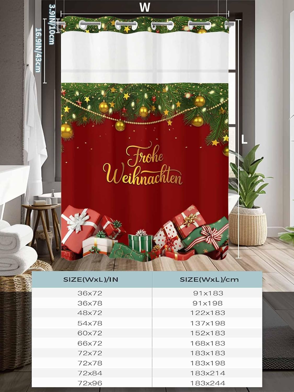 No Hook Shower Curtain, Merry Christmas Standard Shower Curtain with Snap in Liner, Winter Xmas Gifts Pine Tree Light Balls Waterproof Washable Fabric Bathroom Curtains Sets, 72" x 72"