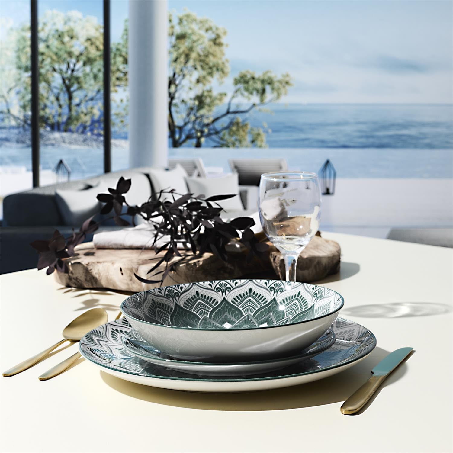 Service de table Indi 12 pièces, assiettes en porcelaine vertes et blanches, lot de 4 assiettes plates de 27 cm, 4 assiettes à dessert 19 cm, 4 assiettes creuses de 20 cm, motif mandala