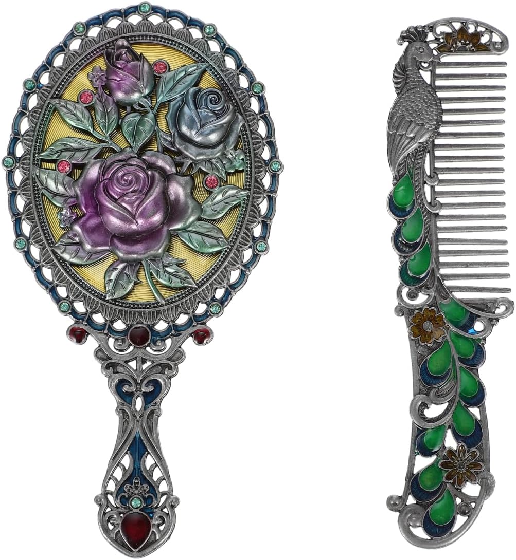 Vintage Metal Handheld Makeup Mirror with Comb Set Metal Embossed Rose Handheld Tabletop Stand Makeup Mirror Compact Decorative Embossed Hair Brush Present for Women Girls Kid