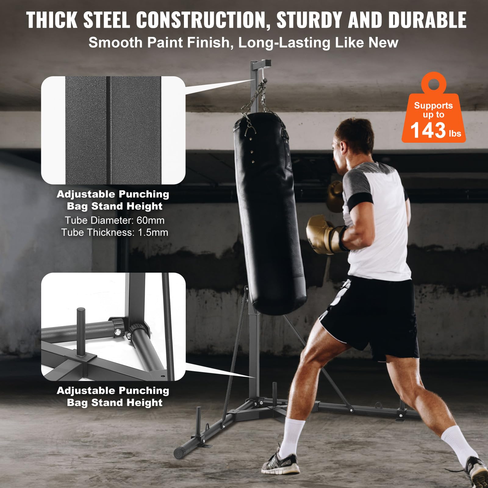 VEVOR Boxsack-Ständer, Stahl, strapazierfähig, Trainingsgerät, höhenverstellbar, mit beschwertem Boden, hält bis zu 65 kg, freistehender Sandsackständer für Zuhause, Fitnessstudio, Fitness