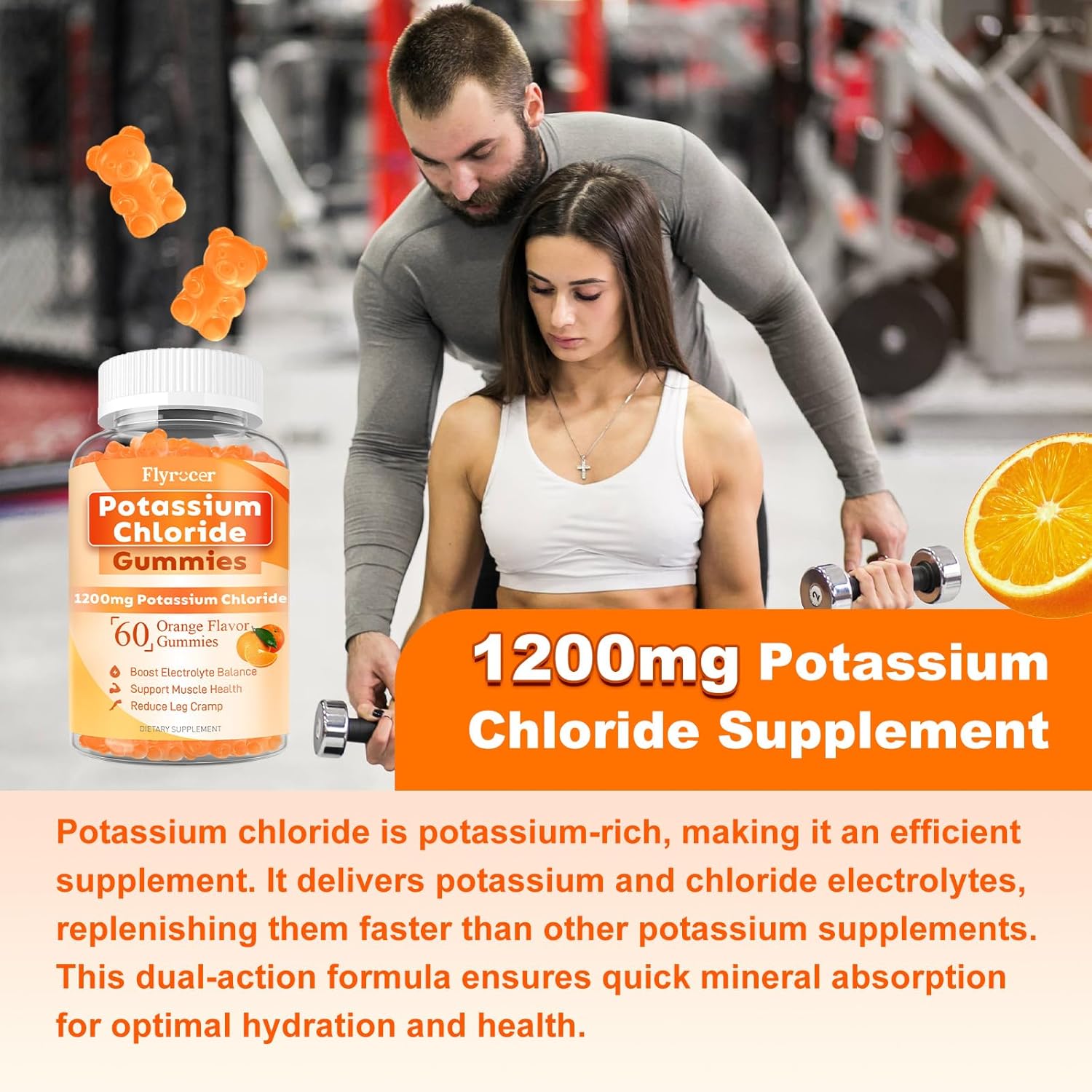2 Pack Potassium Gummies, Potassium Chloride 1200mg for Adults, Sugar-Free Potassium Supplement Gummies Support Electrolyte Balance & Leg Cramps for Women & Men, Orange Flavor, Vegan, 120 Count - Image 5