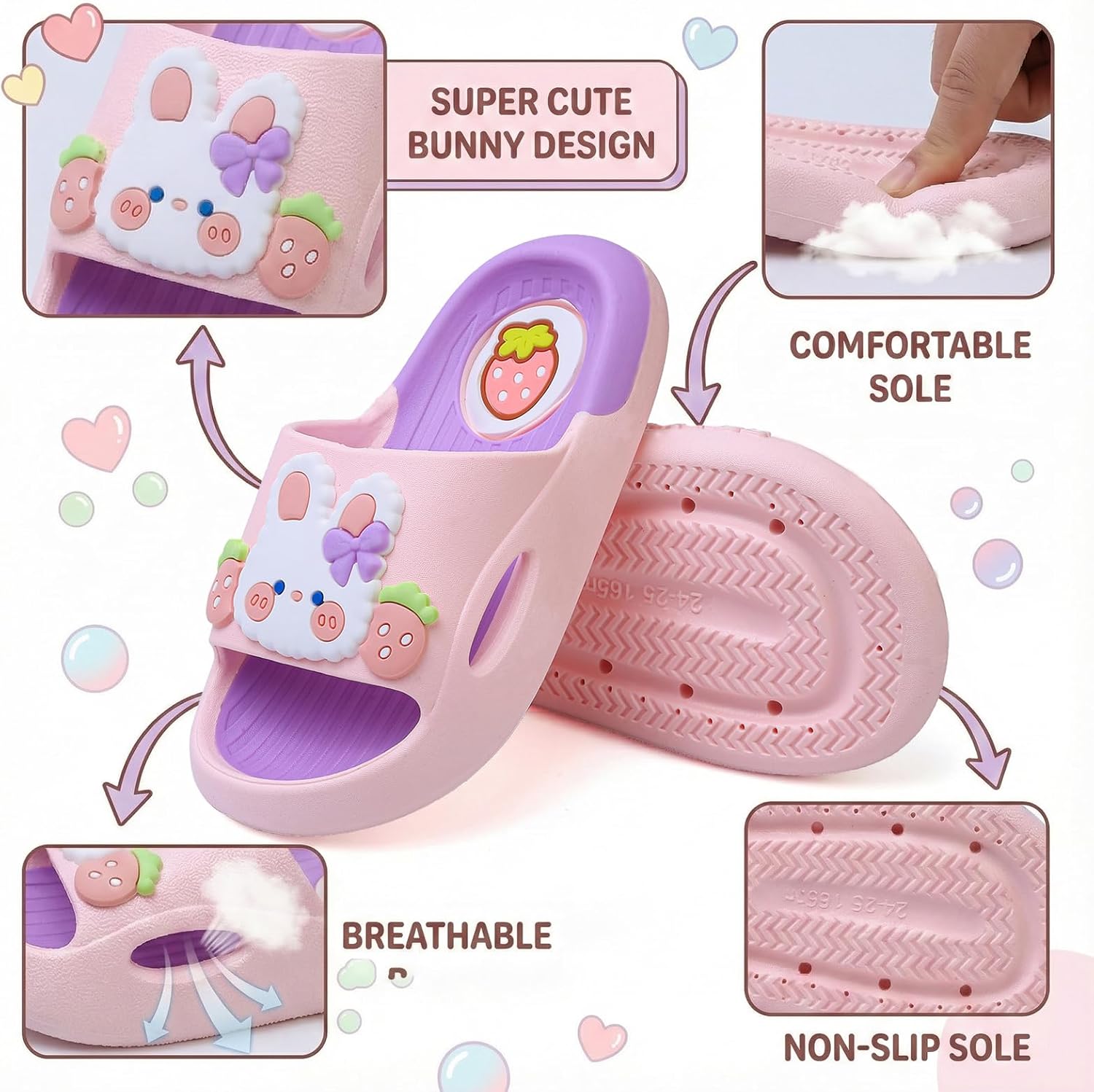Kids Slides for Girls Boys - Toddler Bunny Slippers Quick Drying Shower Shoes Non-Slip Pool Sandals Shower Flip Flops - Image 4