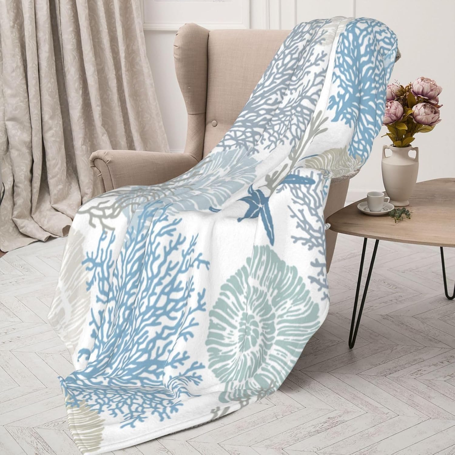 Nautical Coastal Blanket Starfish Seashell Coral Beach Themed Throw Blankets Gifts for Adults Sea Ocean Theme Lightweight Sheet Soft Fleece Cozy for Sofa Couch Bed Room 80x60in