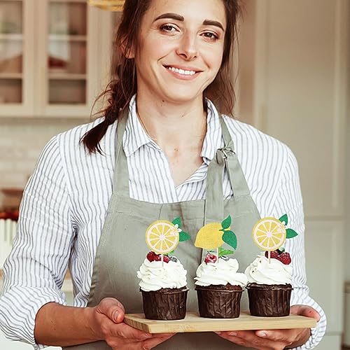 Miniatura 4 de Paquete de 24 adornos de limón para cupcakes temáticos de frutas con purpurina para cupcakes de verano, limona, piscina, playa, barbacoa, decoración