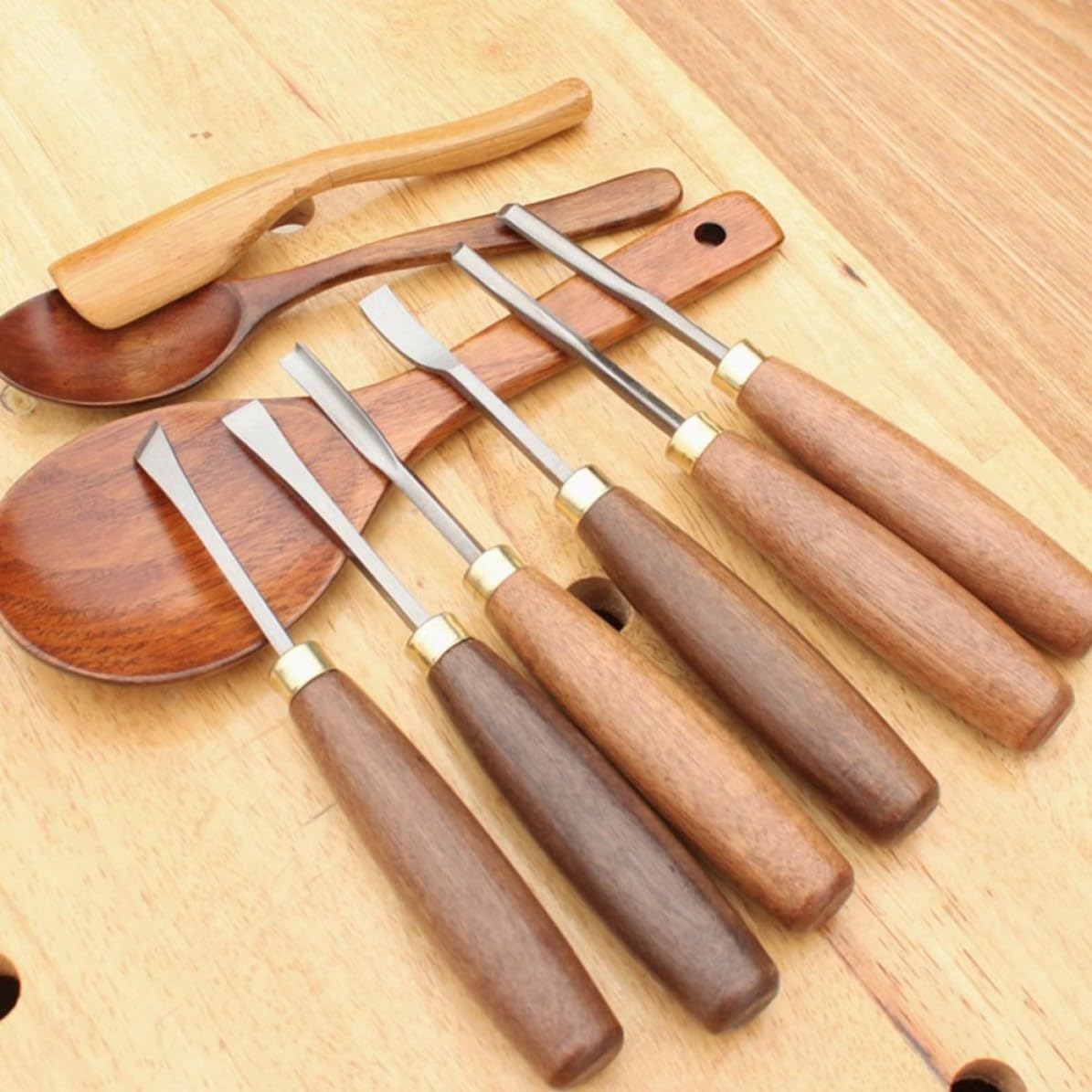 Housoutil Coffret 6 Pcs Ciseaux à Bois Manche en Noyer, Acier Manganèse, Haute Performance de Coupe, pour Sculpture sur Bois Professionnelle et Amateur