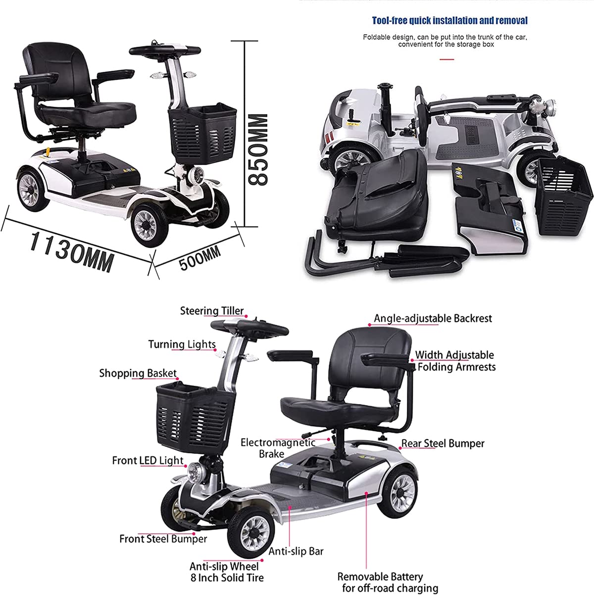 Scooter eléctrico para ancianos - Scooter de motor - Vehículo eléctrico para viajes Scooter de movilidad de 4 ruedas - Silla de ruedas móvil eléctrica para adultos - Plegable y compacto - Verde