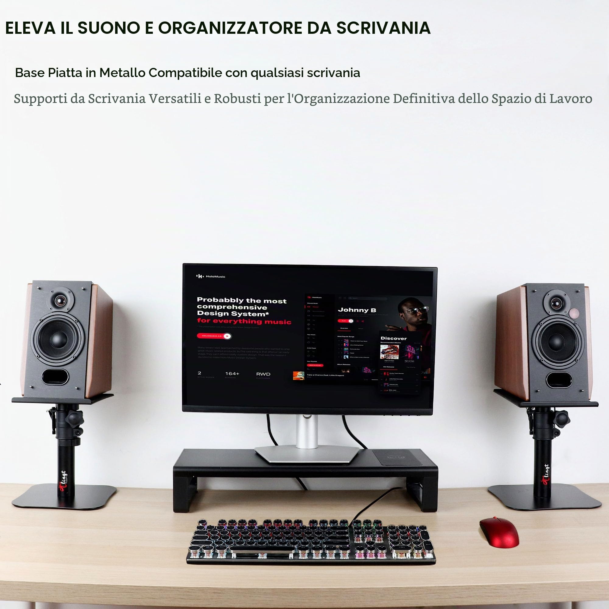 Coppia di Supporti per Altoparlanti da Scrivania, Supporto per Monitor da Altoparlante, Vassoio in Metallo da 17 x 20 cm, Angolo di Inclinazione da -10° a +10°, Base Piatta Compatibile con Qualsiasi