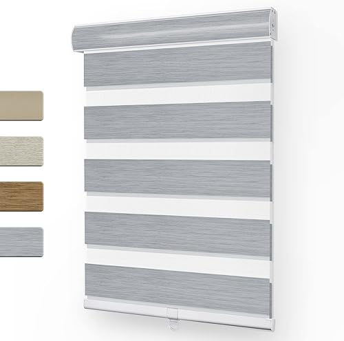 Keego Zebra - Persianas opacas de doble capa para ventanas, sin cordones, para el hogar, dormitorio, oficina (color gris, 58 pulgadas de ancho x 64