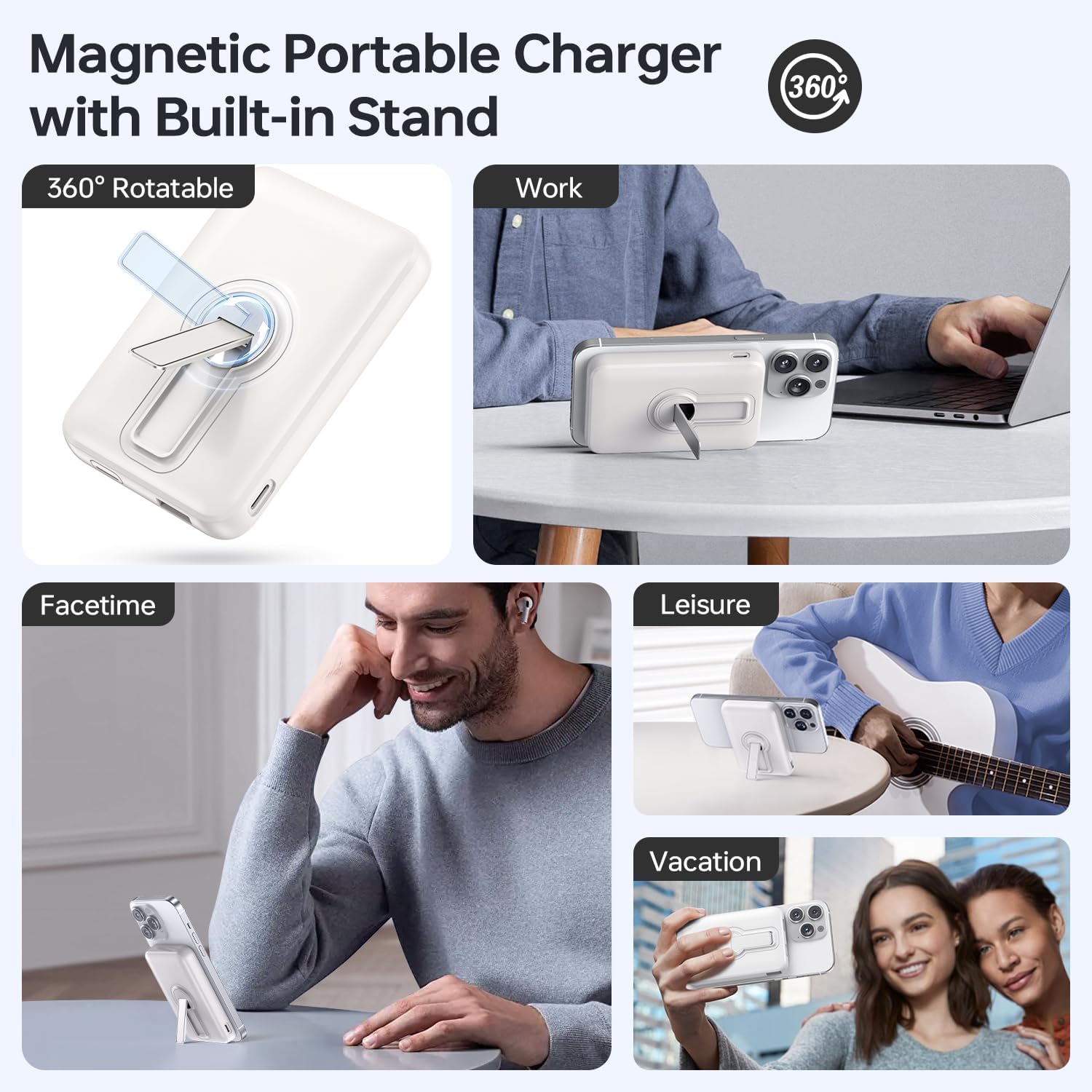 Chargeur Portable, 12000mAh Wireless Magnetic Power Bank avec Support et USB C in/Out Charge Rapide, Battery Pack Compatible avec iPhone 15/14/13/12 Pro/Pro Max Serie-Blanc