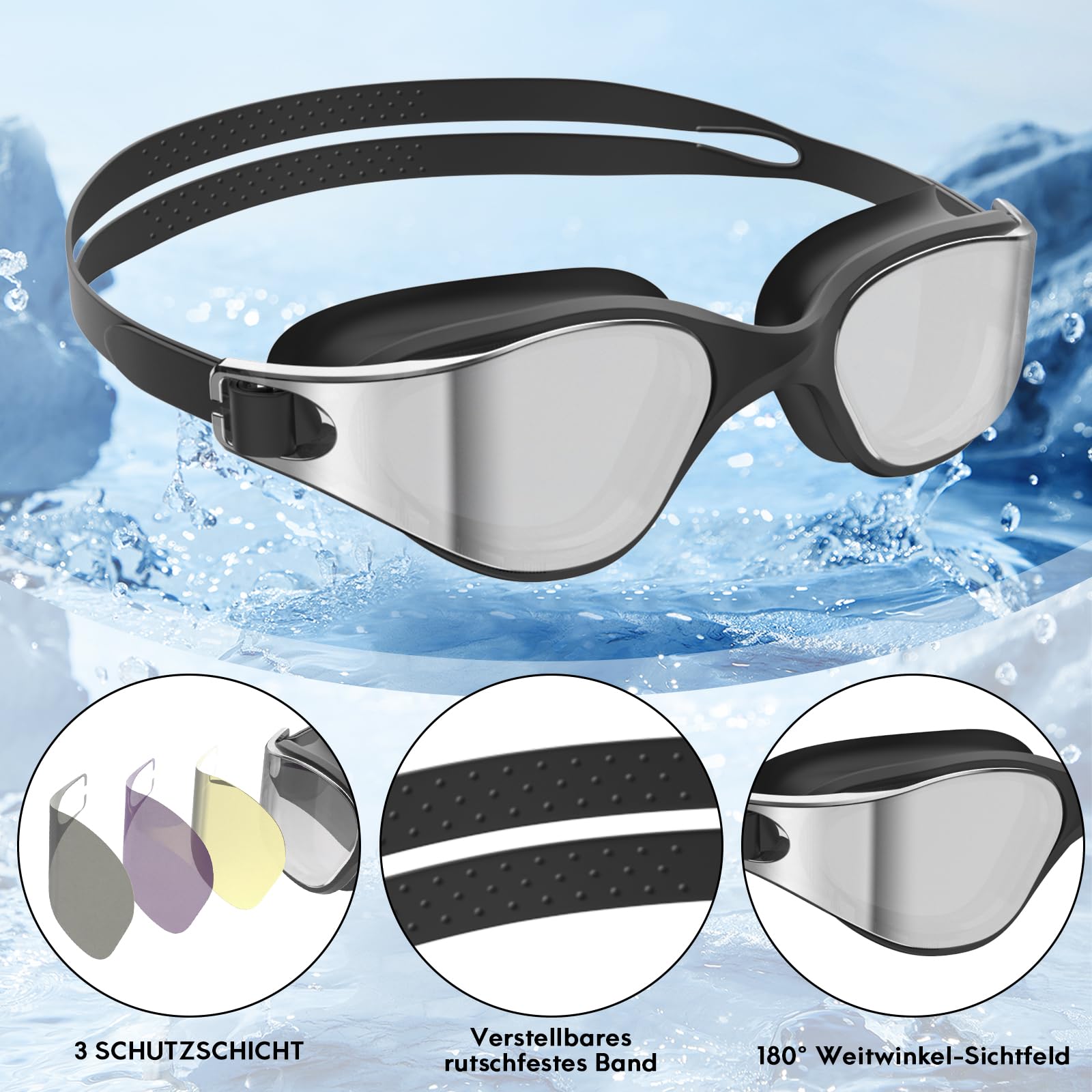 Polarisiert Schwimmbrille Herren Damen, UV-Schutz, Anti-Nebel, Verstellbarer Gurt, Komfortable Passform, Profi Schwimmbrille für Erwachsene und Jugendliche Mit Nasenklammer und Ohrstöpseln