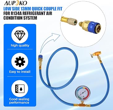 Aupoko R134A Car AC Refrigerant Charge Hose, 1/2 Puncture Type Can Tap Valve, R134A Quick Coupler, 59'' AC Recharge Hose with Low Pressure Gauge