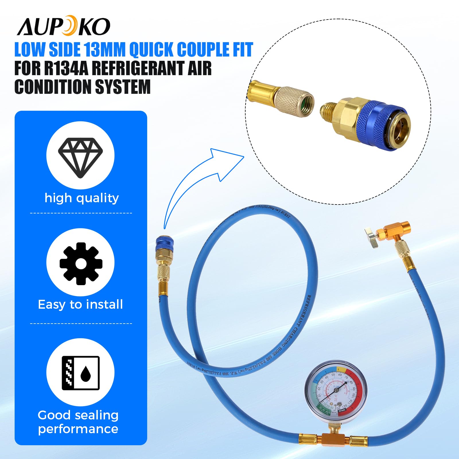 Aupoko R134A Tubo di carica per refrigerante AC per auto, 159 cm, tubo di carica con manometro R134A Valvola rubinetto tipo perforazione, kit manometro a bassa pressione accoppiatore rapido A/C