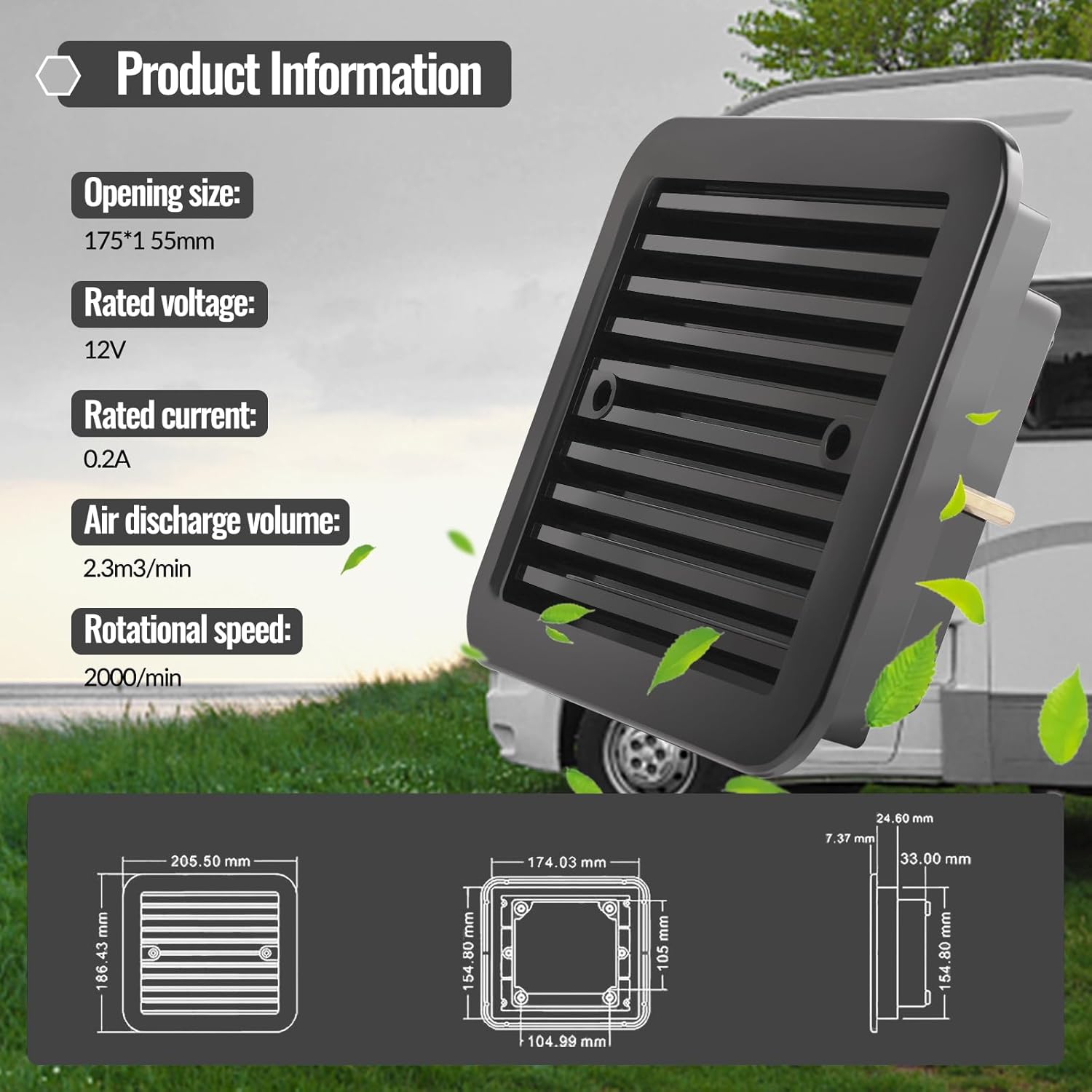 AUTOXBERT RV Side Vent Fan, 2.4W 12V One-Way Silent Wind Air Ventilation Exhaust Fan for Caravan, Motorhome, Camper, White