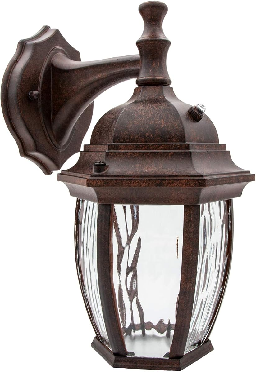 Maxxima LED Brown Outdoor Wall Light, 580 Lumens 3000K, Dusk to Dawn Sensor | Clear Water Glass, Warm White, Photocell Sensor, Exterior Patio or Porch Sconce Fixture