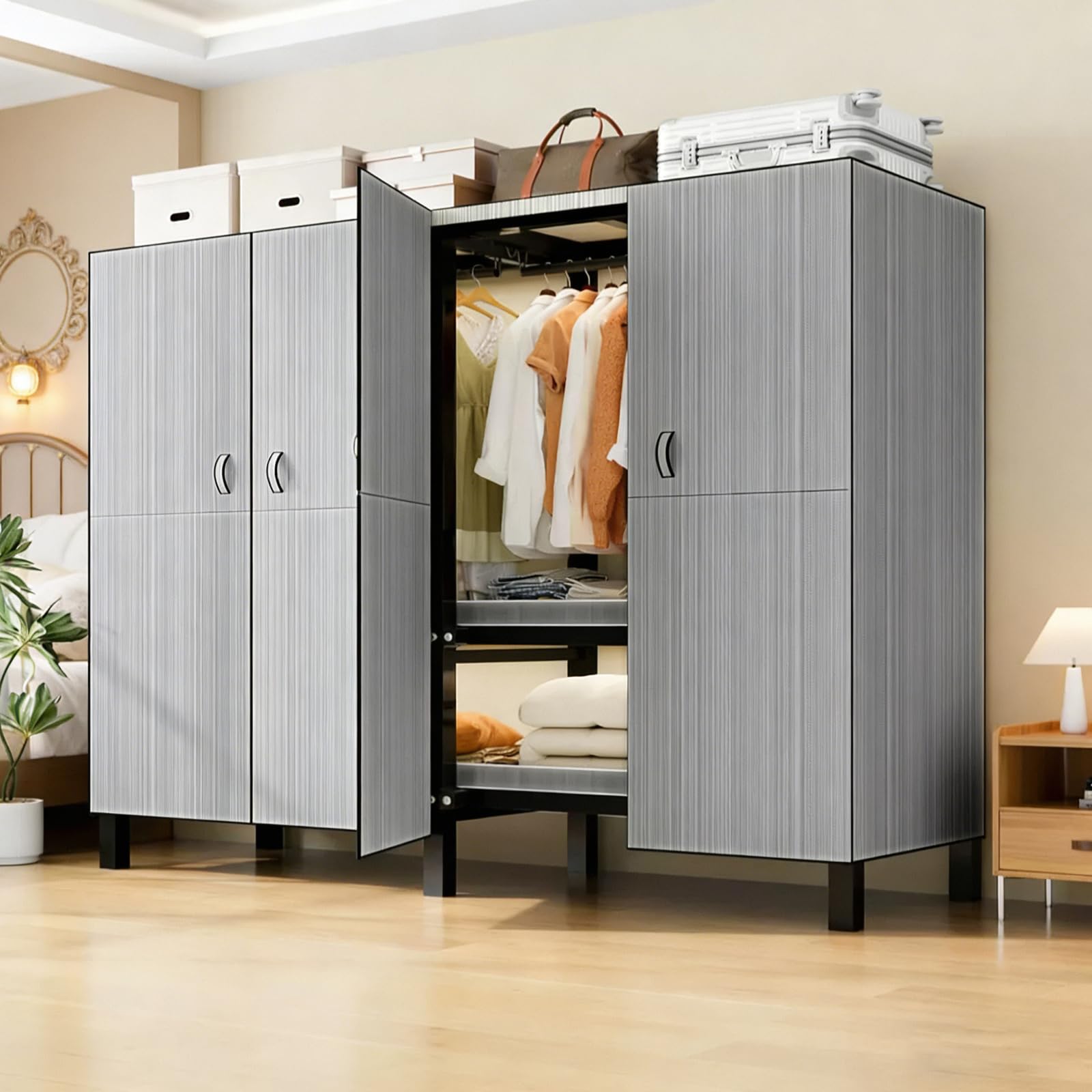 Armario Plegables Portátil, Armarios de Tela con Ruedas y 2 Barras de Colgar, Armario de Tela Almacenamiento Multifuncional de Gran Capacidad, Carga de 907 kg, para Dormitorio (D, gray door, 100cm)