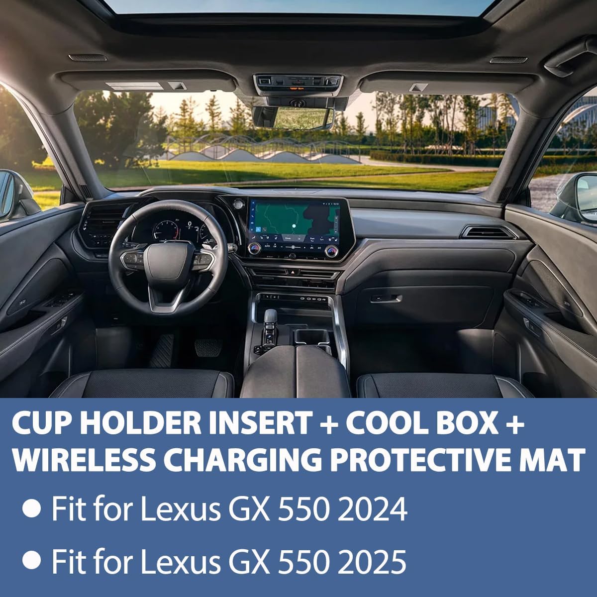 3PCS Center Console Organizer Compatible with Lexus GX 550 2024 2025, Silicone Cup Holder Insert + Cool Box Organizer + Wireless Charging Protective Mat for GX550 Accessories