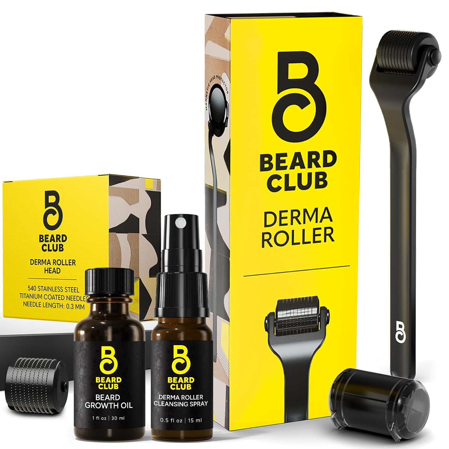 The Beard Club Derma Roller, Beard Growth Oil, Cleansing Spray & Replacement Head for Face, Body and Scalp Microneedling Roller for Men and Women with 540 Titanium Microneedles for Hair & Beard