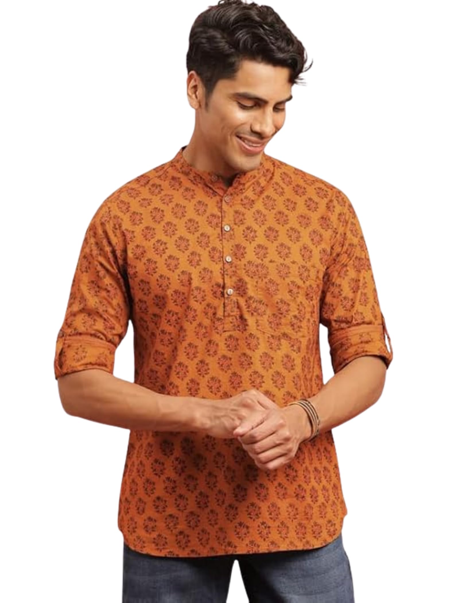 deelmo Men’s Cotton Blend Printed Long Sleeve Short Kurta | Stylish Casual & Ethnic Wear | Comfortable Mandarin Collar Kurta for Daily, Festive & Party Outfits-picture-17
