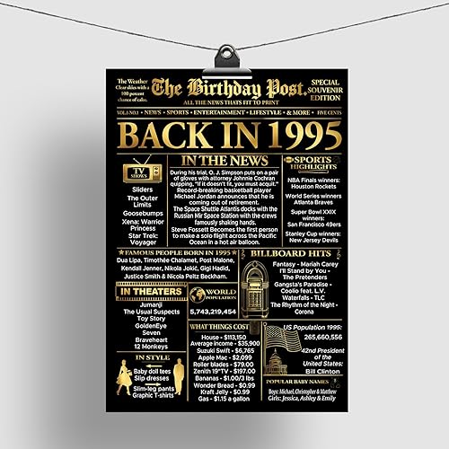 Miniatura 5 de Stuff4 Póster dorado de cumpleaños número 30 sin marco, periódico dorado nacido en 1995, feliz cumpleaños 30 para hombres y mujeres, regalos retro