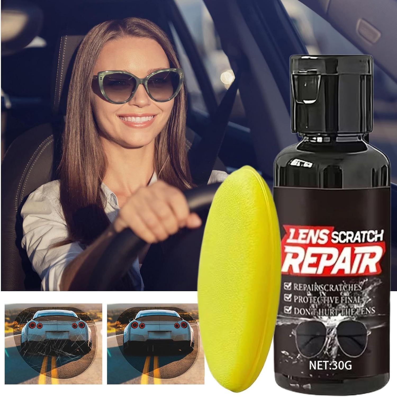Eyeglass Scratch Remover, 30g Liquid Lens Polish Wax, Goggles Scratch Repair with Sponge Applicator for Glass Surfaces, Clear Protective Formula, Optical Care Accessory with Easy Use, Sunglasses Home