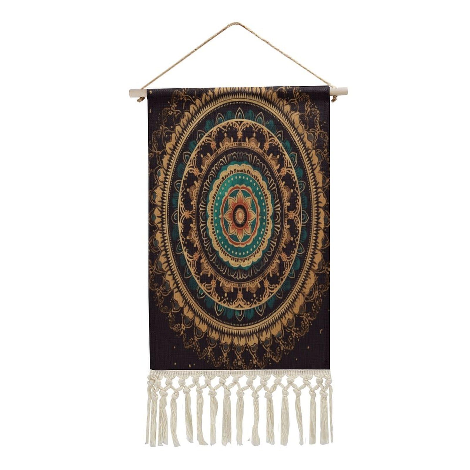 VstaDank Mandala Wall Art Decor with Tassels 20"x10" Cotton Linen Hanging Tapestry Decor Wall Art Prints Wood Frame Boho Wall Art Poster for Bedroom Living Room Office