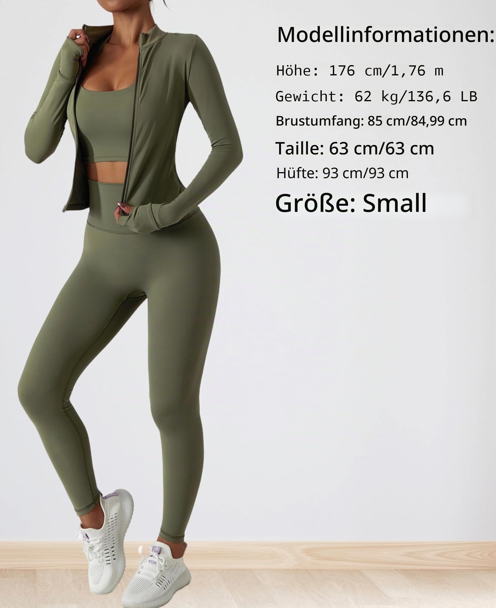 Zweiteiliges Damen-Trainingsanzug-Set, langärmelig, Reißverschlussjacke mit sportlicher Leggings mit hoher Taille, Workout-Set