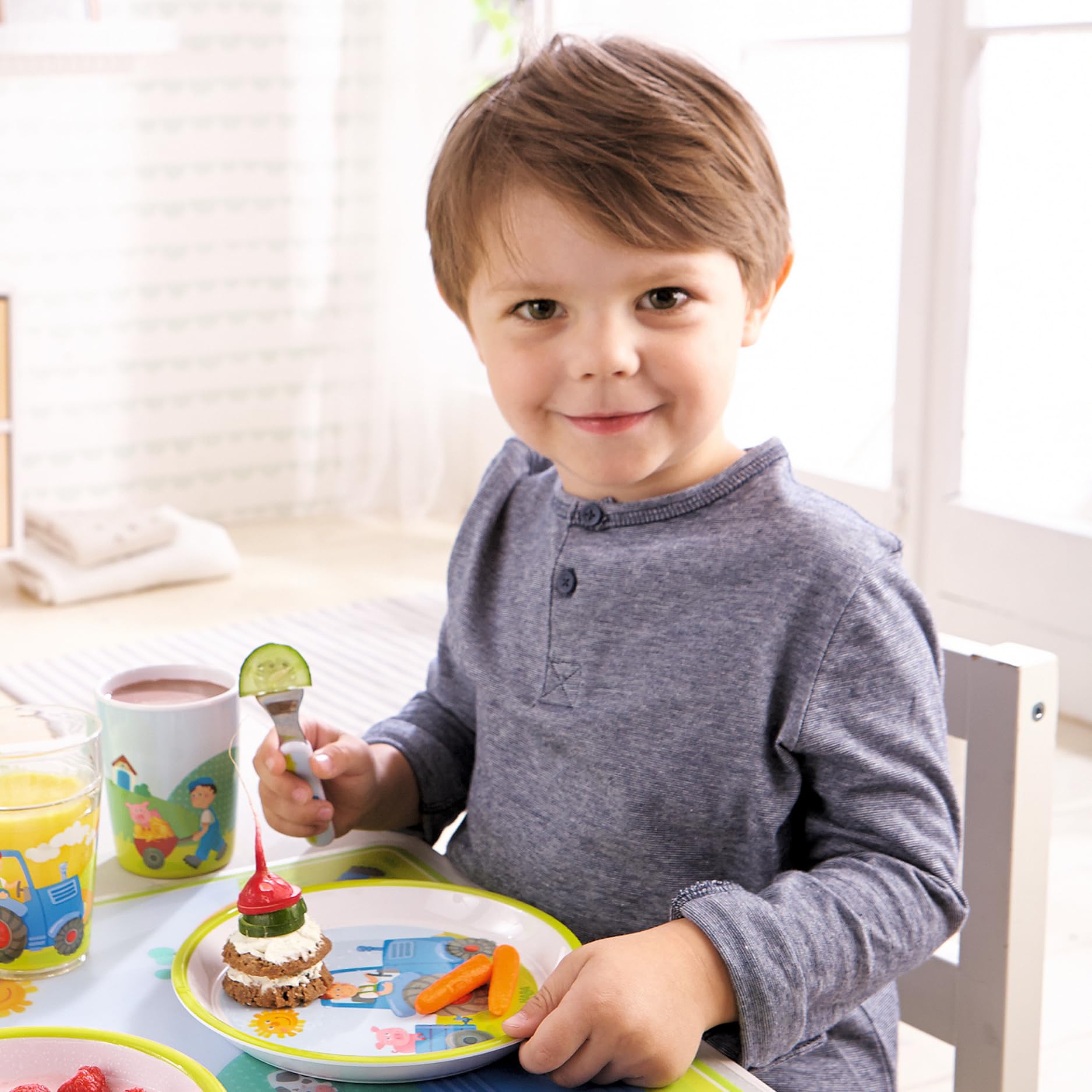 Assiette Enfant HABA Tracteur - Mélamine Antidérapante - Diamètre 18cm - Lavable Lave-Vaisselle