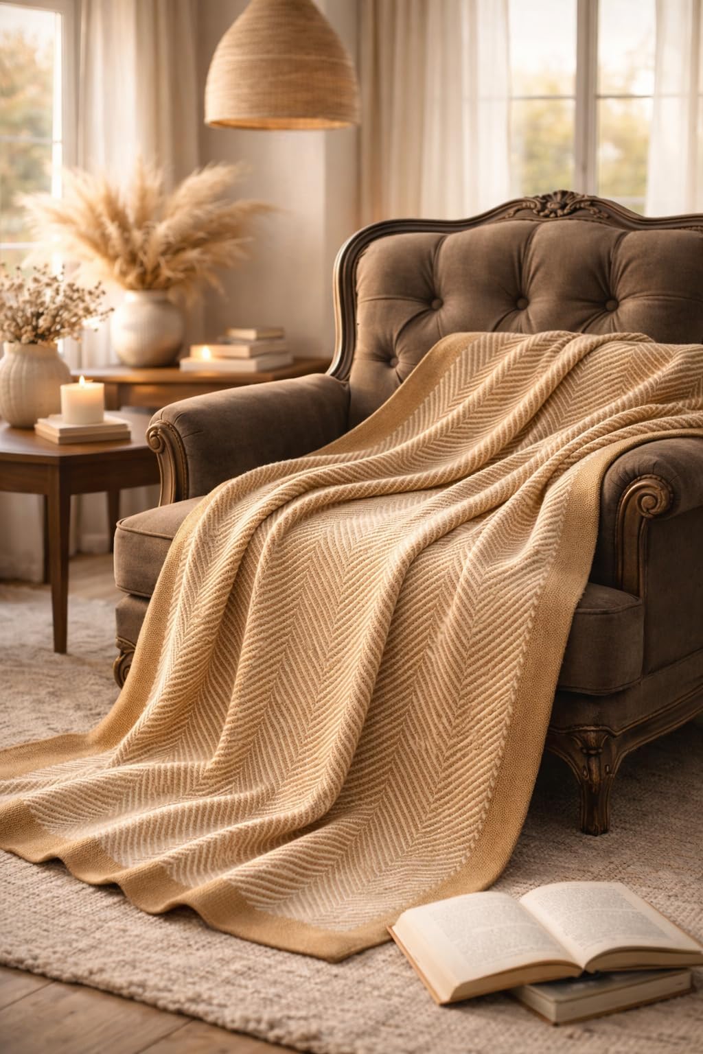 Plaid 130x170 cm BOSALONI HOME Premium Collection, Coperta Elegante a Spina di Pesce per Divano e Letto, Morbida e Calda in Pile Flanella, Design Moderno Raffinato (Beige e Bianco)