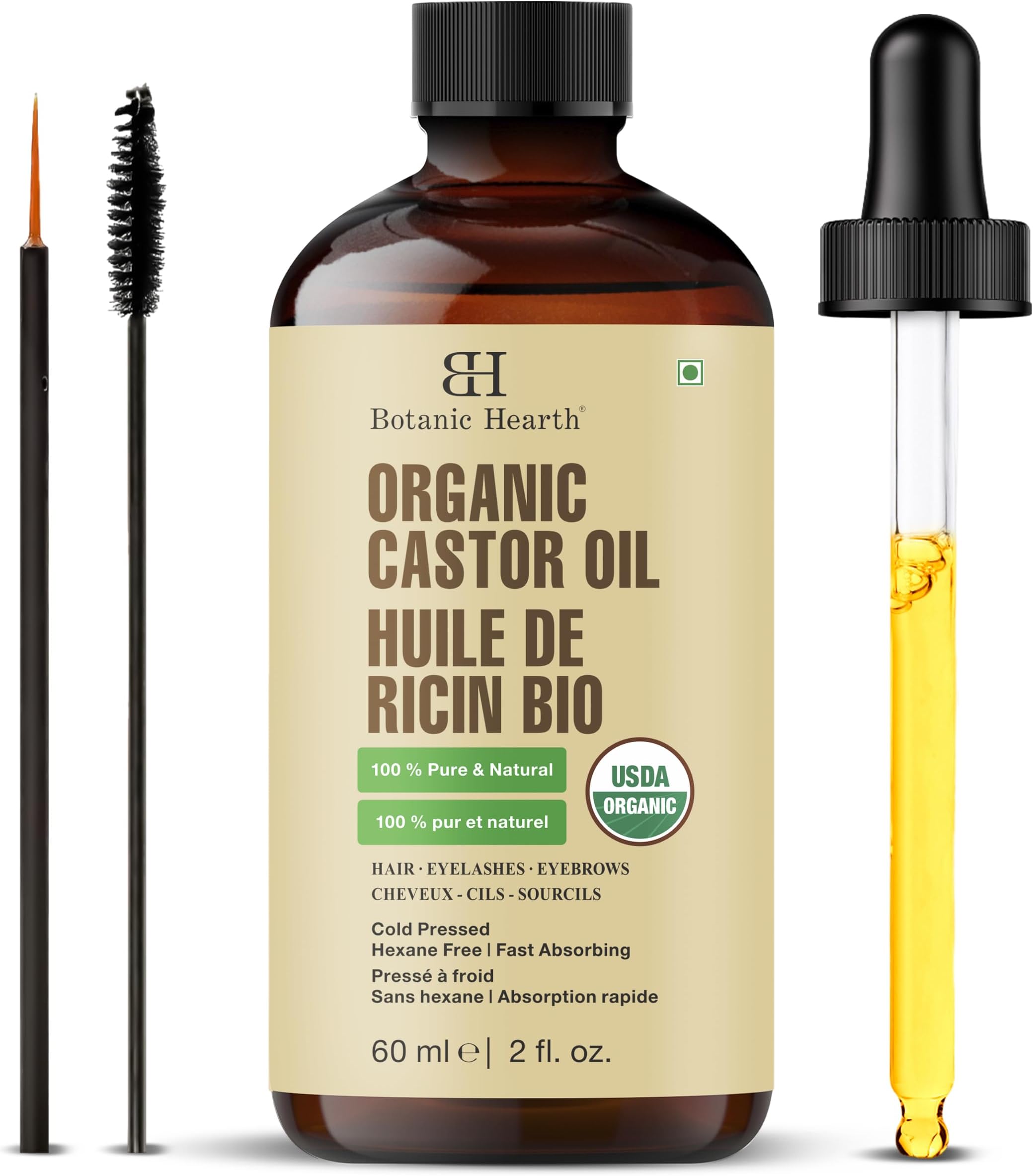 Botanic Hearth Castor Oil & Hair Treatment Oils 100% Pure & Natural - 2 Fl oz | Natural Cold Pressed, Hair, Eyelashes & Eyebrows | Hexane Free, Fast Absorbing | With Applicators & Dropper | All Hair Types
