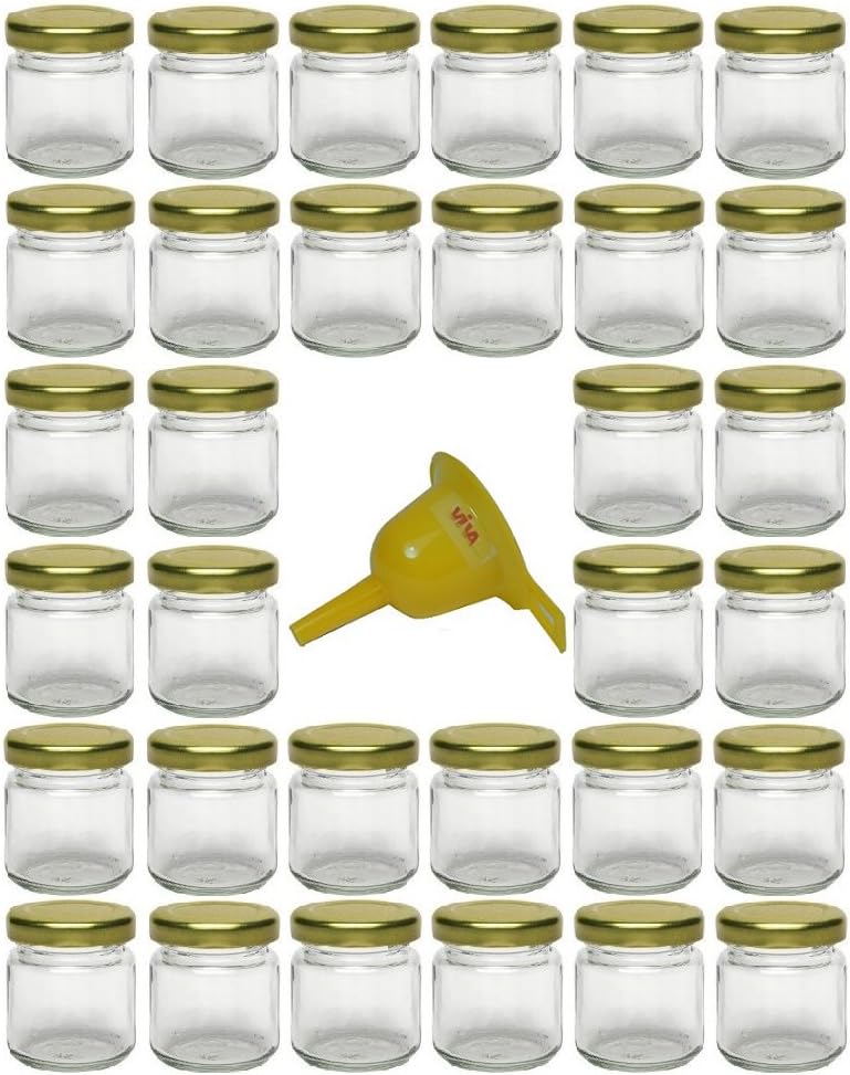 Viva Haushaltswaren Einmachglas Barattoli per Conserve, Plastica Metallo Vetro, Coperchio Oro, 12 x 53 ml, 10 unità