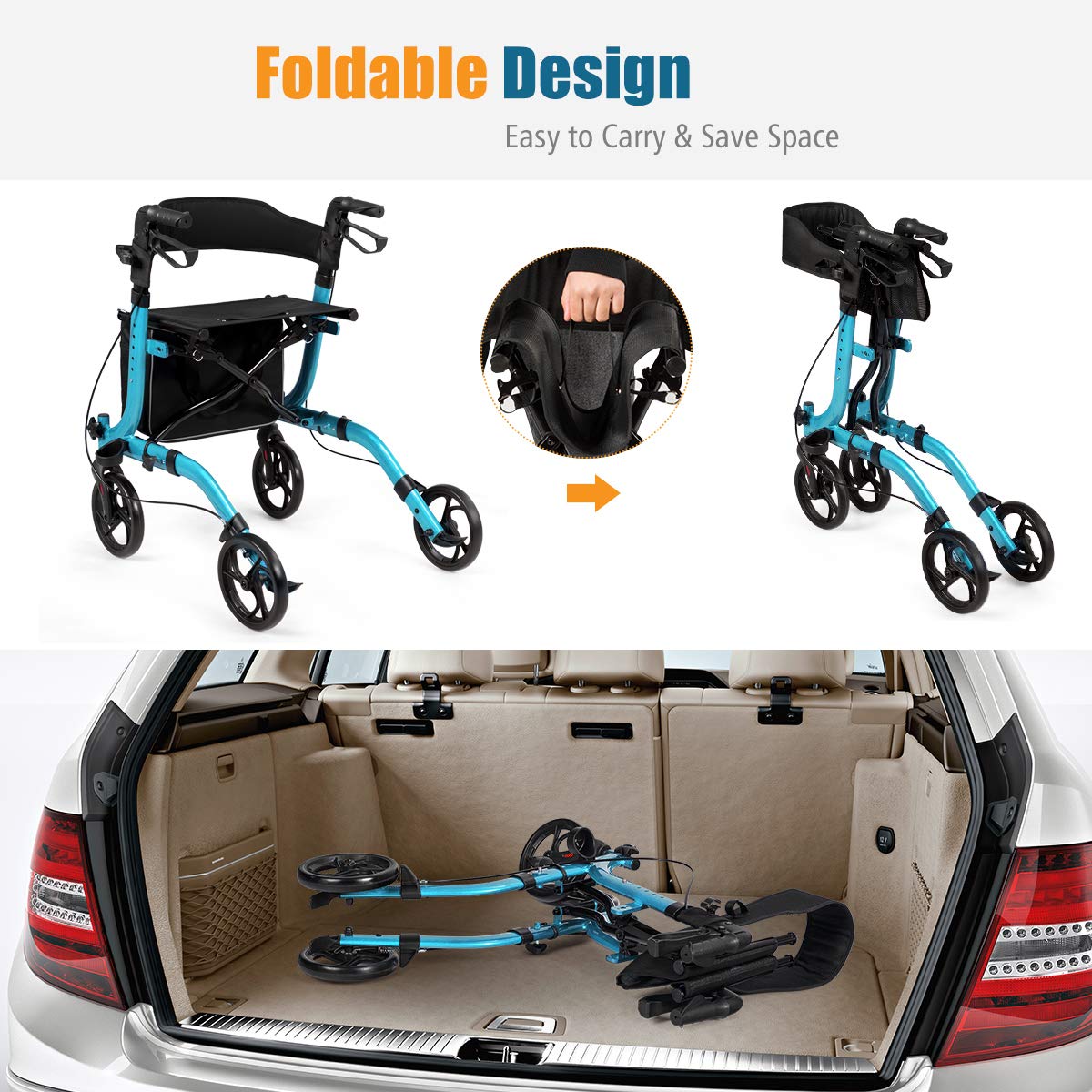 FANTASK 2 in 1 Aluminium Rollstuhl Rollator, faltbar & leicht Reiserollator mit Sitz & abnehmbarem Aufbewahrungsbeutel, Laufhilfe höhenverstellbar für Senioren und Erwachsene (Blau)