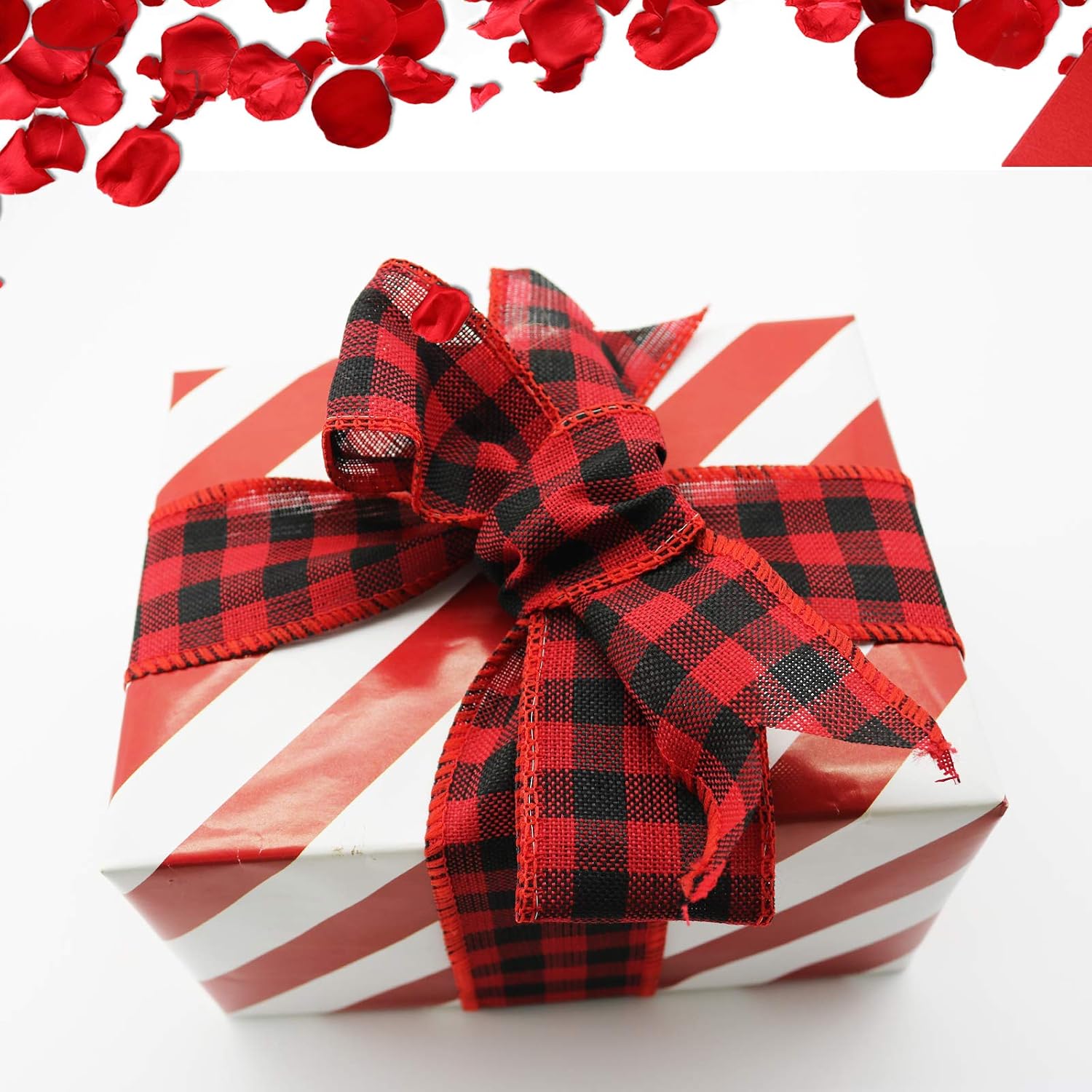 MAKEGELD Wired Edge Burlap Ribbon 3 Rolls,30 Yards x 2.5 in Black Red Plaid Ribbon, Black White Buffalo Plaid Ribbon and Burlap Ribbon for Crafts Gift Wrapping Decoration (Classic Patriotic Set)